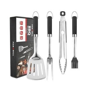 Par Grill 4-Piece BBQ Grilling Set Stainless Steel Spatula Fork Brush Tongs Gift